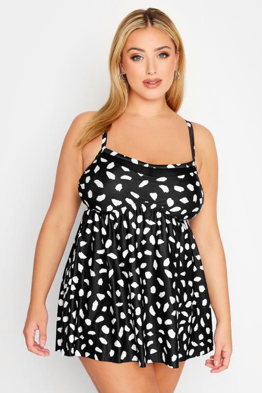  dla puszystych Curve Black Dalmatian Print Mesh Panel Swim Dress