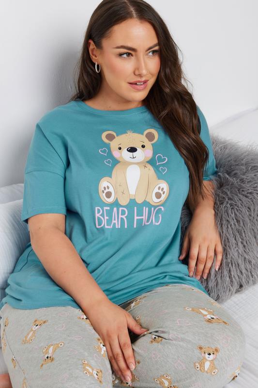 YOURS Plus Size Blue 'Bear Hugs' Wide Leg Pyjama Set | Yours Clothing 4