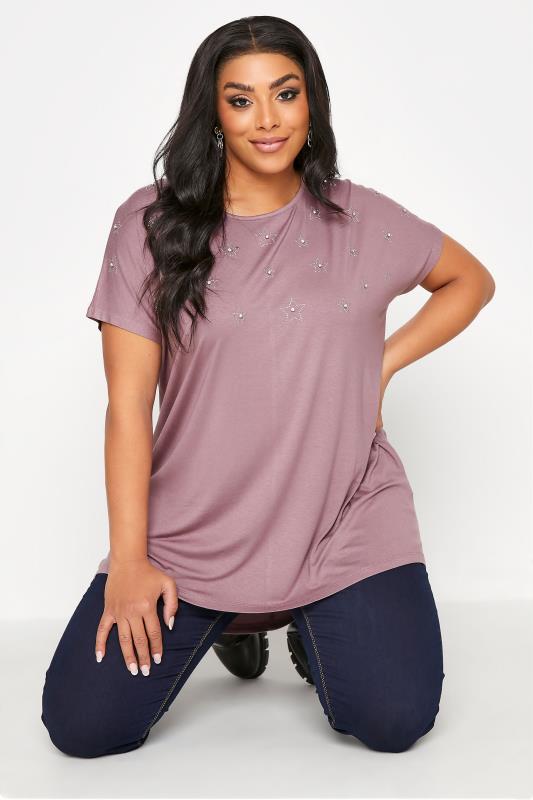 Plus Size  Curve Purple Diamante Star Print T-Shirt