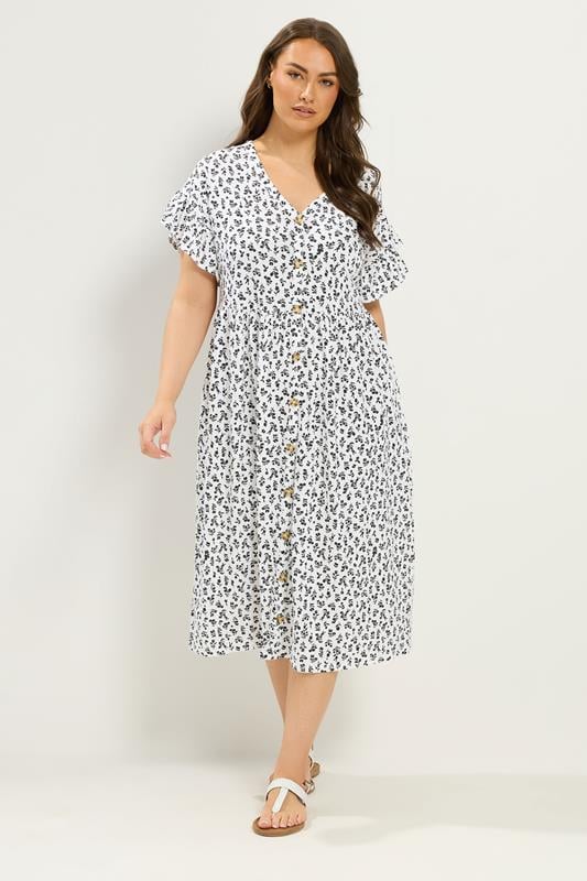  YOURS Curve White Floral Frill Sleeve Dress
