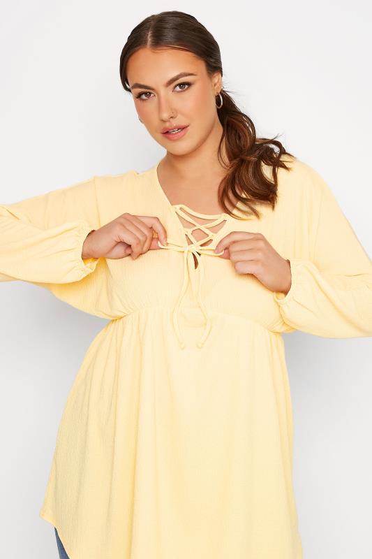 LIMITED COLLECTION Curve Lemon Yellow Crinkle Lace Up Peplum Blouse 4