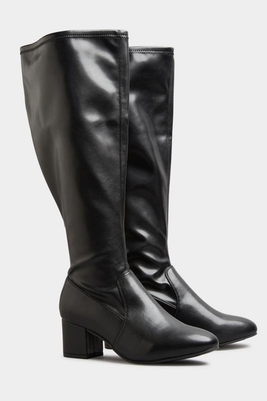  Grande Taille Black Faux Leather Stretch Knee Boots In Extra Wide Fit