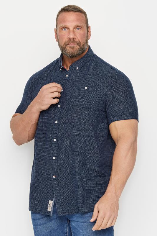 D555 Big & Tall Navy Blue Woven Square Print Linen Mix Short Sleeve Shirt