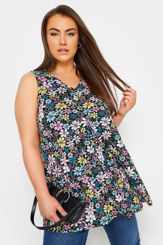 YOURS Plus Size Black Daisy Print Pleated Swing Vest Top | Yours Clothing 1