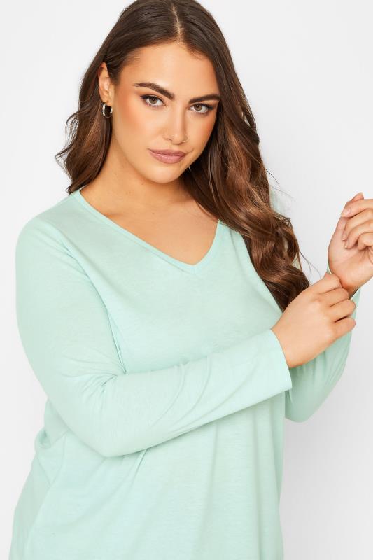 YOURS Plus Size Mint Green Long Sleeve V-Neck T-Shirt | Yours Clothing 4