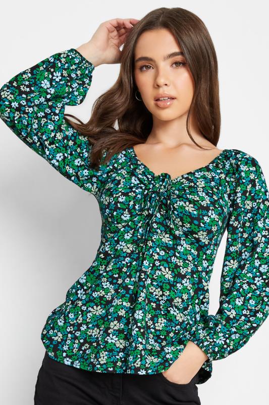 Petite Green Ditsy Print Ruched Front Top | PixieGirl 1