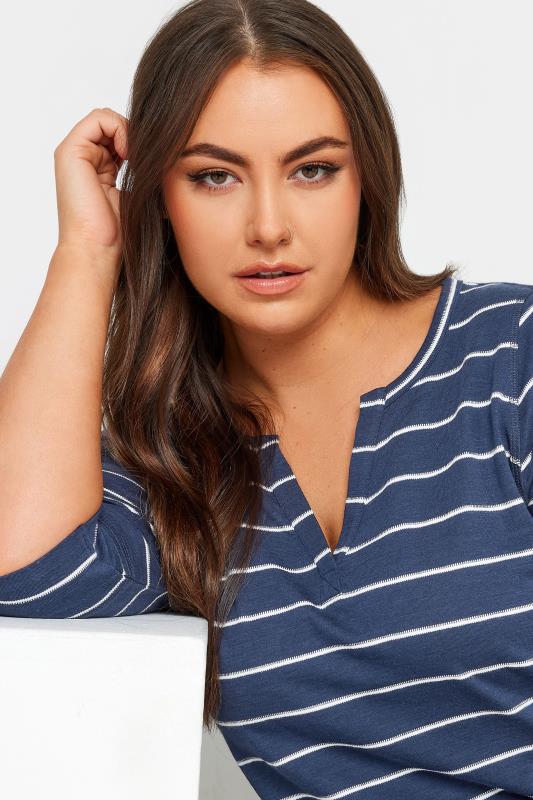 YOURS Plus Size Blue & White Stripe Notch Neck Top | Yours Clothing 4