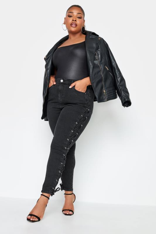 YOURS Plus Size Black Lace Up Detail Skinny AVA Jeans | Yours Clothing 2