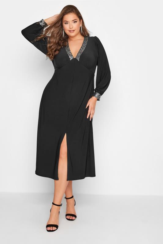 YOURS LONDON Plus Size Black Sequin Split Front Dress | Yours Clothing 2