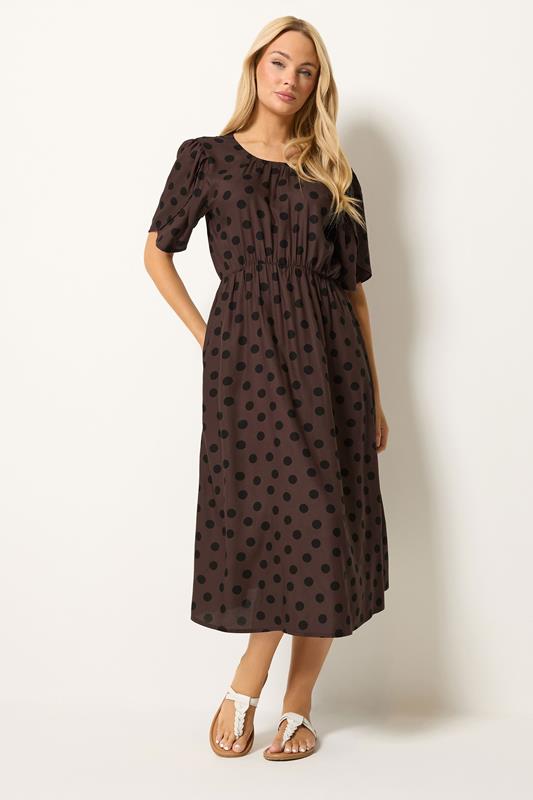 M&Co Brown Polka Dot Tulip Sleeve Dress | M&Co 1