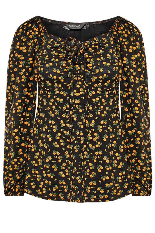 Petite Black & Yellow Ditsy Print Ruched Top 6