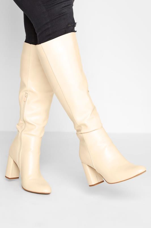 Plus Size  LIMITED COLLECTION Cream Block Heel Knee High Boots In Standard D Fit