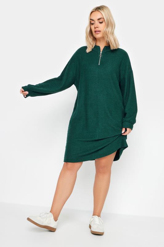  Grande Taille YOURS Curve Dark Green Soft Touch Zip Neck Jumper Dress