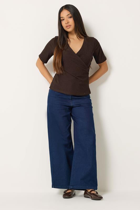 M&Co Petite Chocolate Brown Textured Wrap Top | M&Co 1
