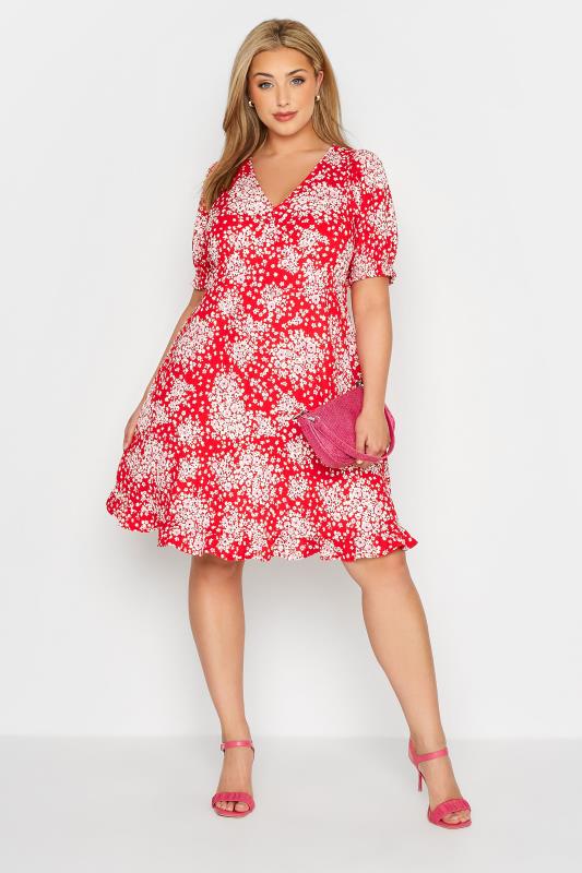 YOURS LONDON Plus Size Red Floral Tea Dress | Yours Clothing 1