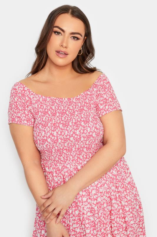 YOURS Plus Size Pink Ditsy Floral Bardot Maxi Dress | Yours Clothing 5