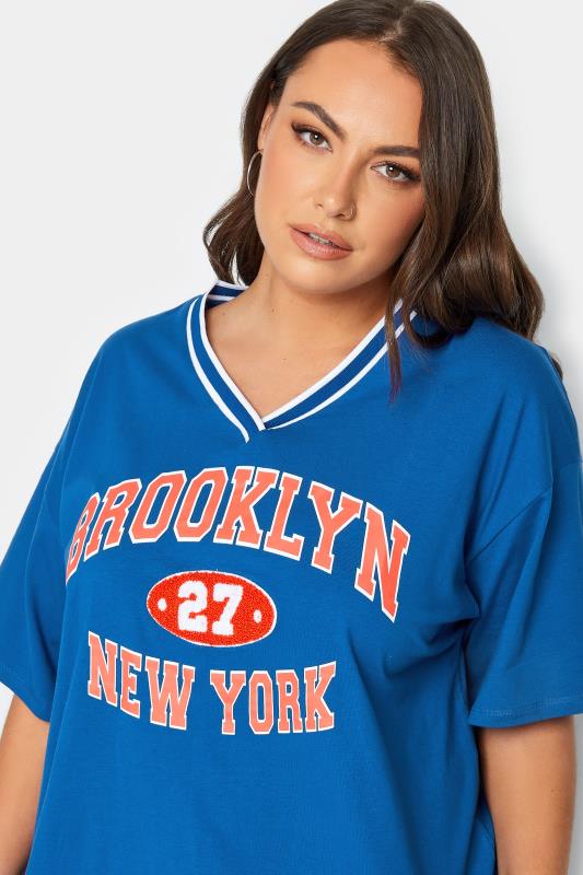 YOURS Plus Size Blue 'Brooklyn New York' Slogan V-Neck T-Shirt | Yours Clothing 5
