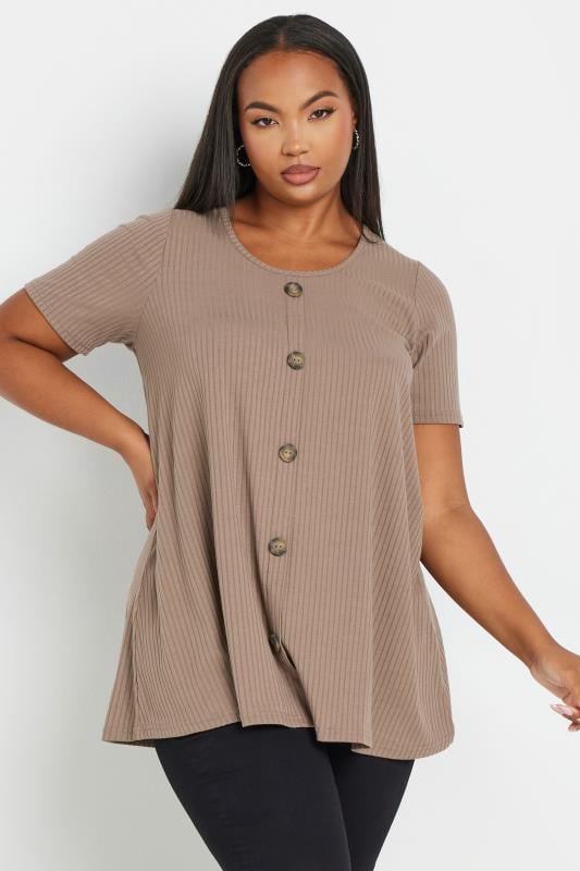 Plus Size  YOURS Curve Mocha Brown Button Front Ribbed Swing Top