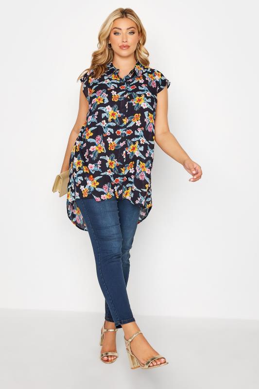 Plus Size Navy Blue Floral Print Cap Sleeve Dipped Hem Shirt | Yours Clothing 2