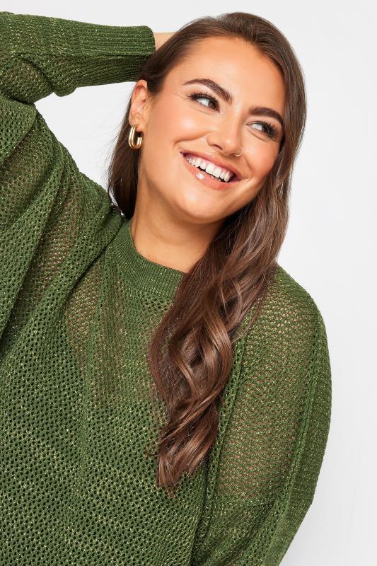 YOURS Curve Green Side Split Metallic Pointelle Jumper | Yours Clothing 4