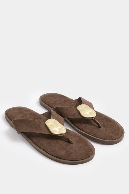Chocolate Brown Hammered Disk Sandals In Extra Wide EEE Fit | Yours Clothing 1