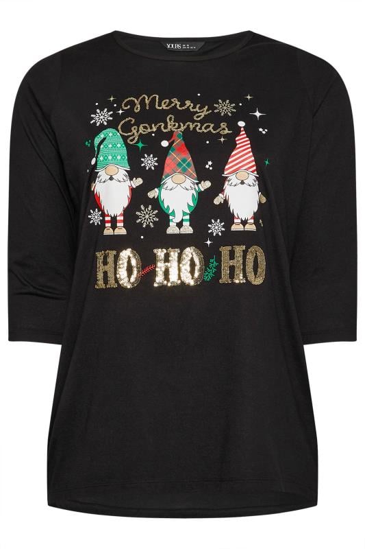 YOURS Plus Size Black 'Merry Gonkmas' Sequin Embellished Slogan Top | Yours Clothing  6