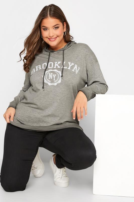 Plus Size  YOURS Curve Grey 'Brooklyn' Logo Hoodie Top
