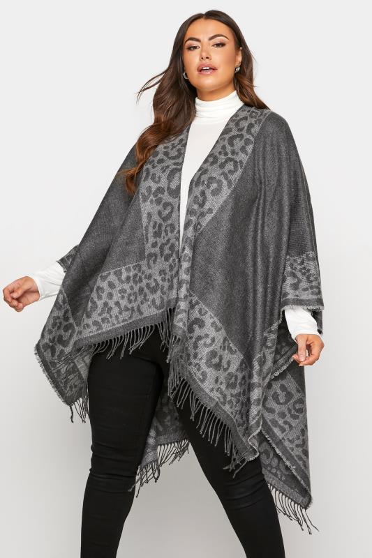 Großen Größen  Grey Animal Jacquard Knitted Wrap Shawl