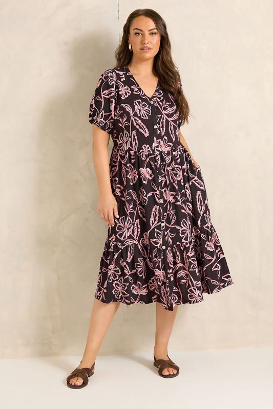  EVANS Curve Chocolate Brown Floral Tiered Dress