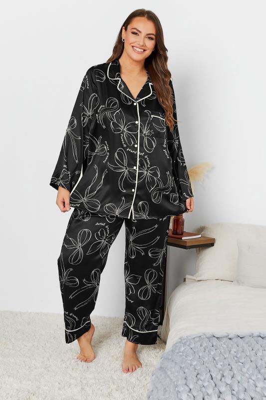 Curve Black & White Bow Print Satin Pyjama Set | Yours Clothing 1