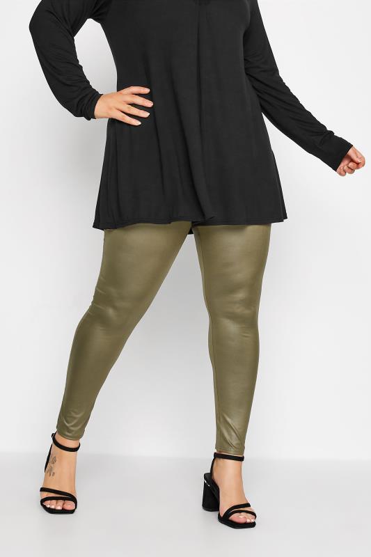 Plus Size Green Wet Look Leggings | Yours Clothing 1