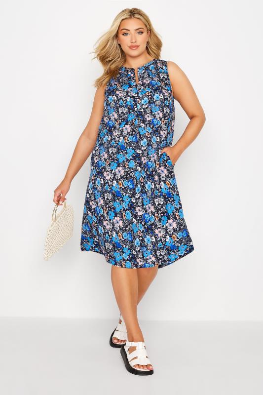 Plus Size  YOURS Curve Blue Floral Print Sleeveless Shirt Dress