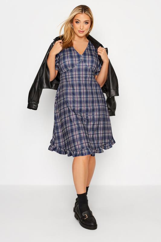 Plus Size Blue Check V-Neck Midi Dress | Yours Clothing 2