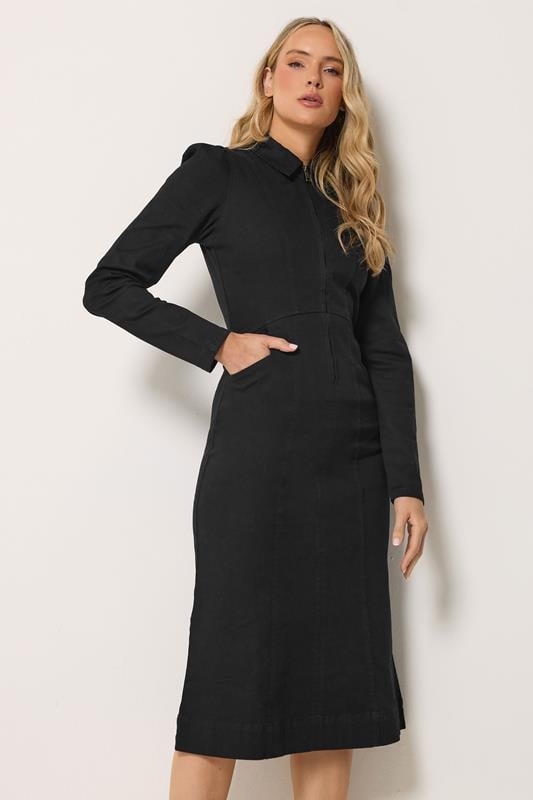 LTS Tall Black Zip Collar Women's Denim Midi Dress
