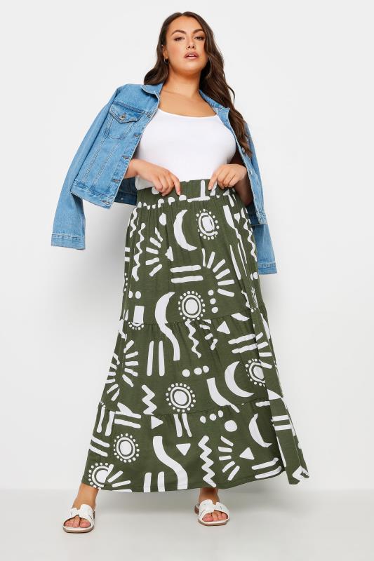 YOURS Plus Size Green Abstract Print Tiered Maxi Skirt | Yours Clothing 2