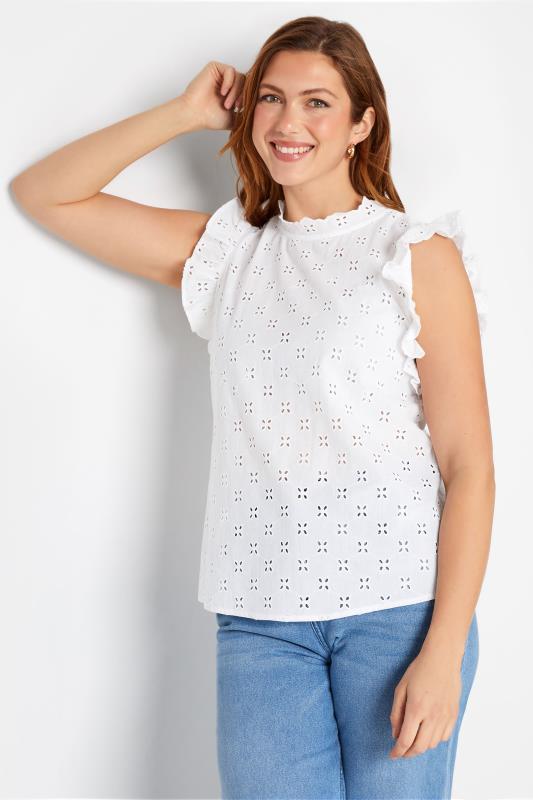 LTS Tall White Broidery Short Frill Sleeve High Neck Shirt | Long Tall Sally  1