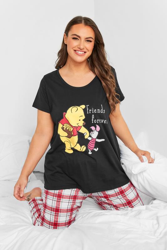 DISNEY Plus Size Black Winnie The Pooh & Piglet Check Print Pyjama Set | Yours Clothing 1