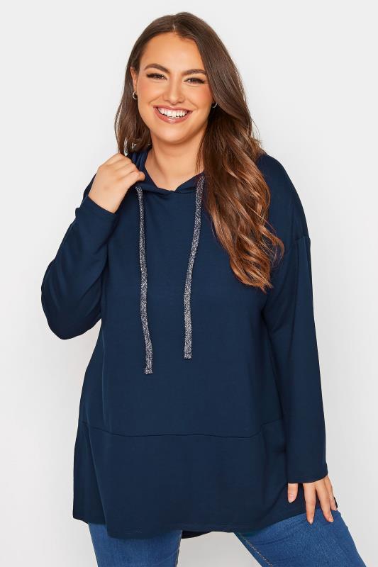 Plus Size Navy Blue Dipped Hem Longline Hoodie | Yours Clothing 1