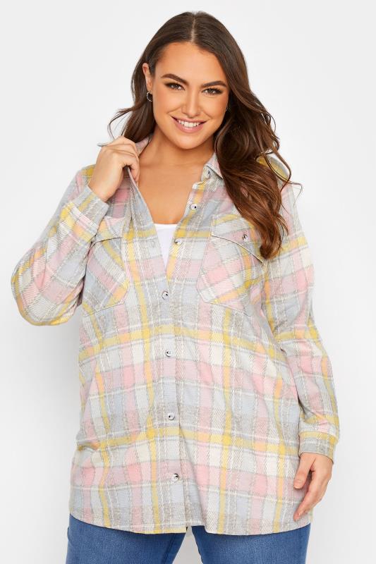 Plus Size Grey & Pink Checked Shacket | Yours Clothing 1