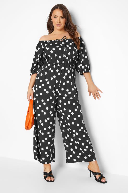 Plus Size Black & White Polka Dot Bardot Jumpsuit | Yours Clothing 2