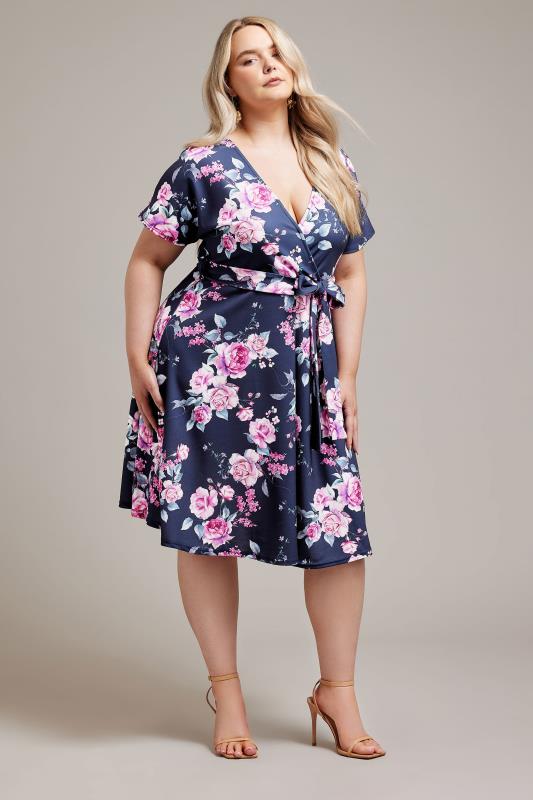YOURS LONDON Plus Size Navy Blue Floral Wrap Dress | Yours Clothing 1