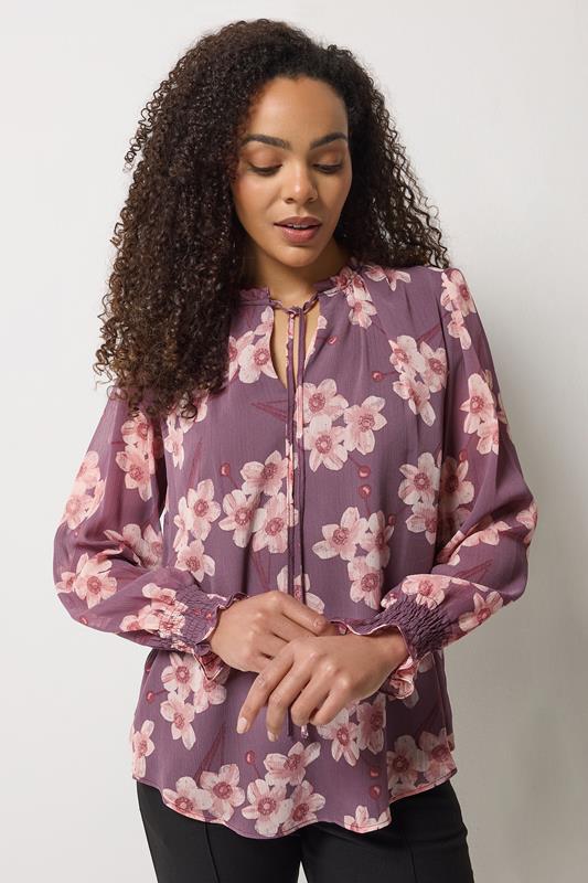 M&Co Purple Floral Tie Neck Blouse | M&Co 1