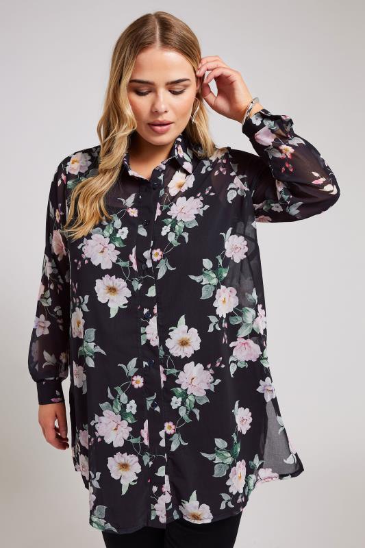 YOURS LONDON Plus Size Black Floral Mesh Longline Shirt | Yours Clothing 4