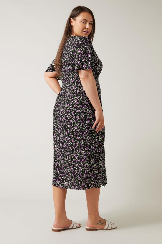 EVANS Plus Size Black & Purple Floral Print Midi Dress | Evans 3