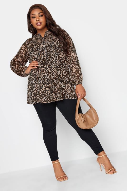 YOURS LONDON Plus Size Brown Leopard Print Zip Front Top | Yours Clothing 2