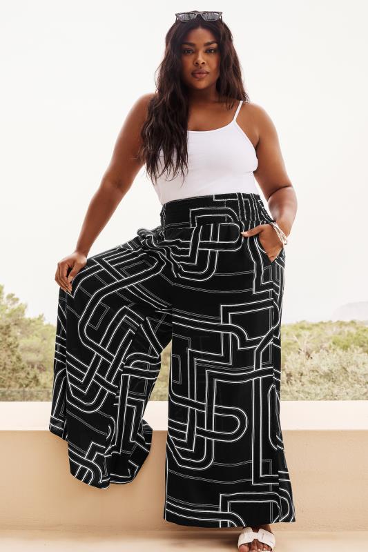  Tallas Grandes YOURS Curve Black Abstract Print Shirred Wide Leg Trousers