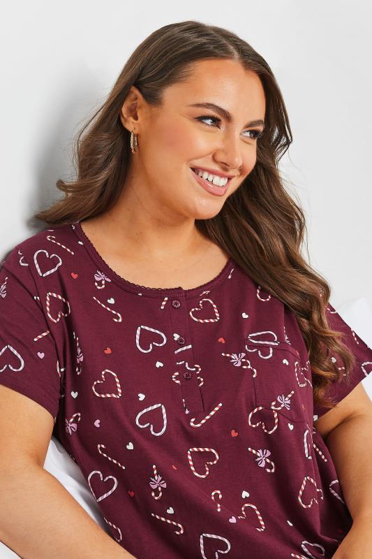Curve Plus Size Burgundy Red Candy Cane Heart Print Nightdress | Yours Clothing 4
