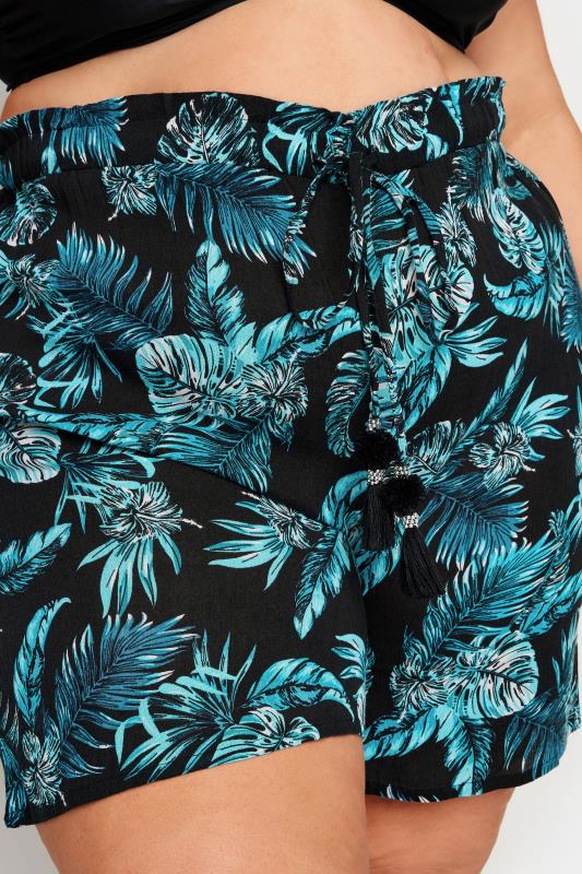 YOURS Plus Size Black Tropical Print Crinkle Tassel Shorts | Yours Clothing 5