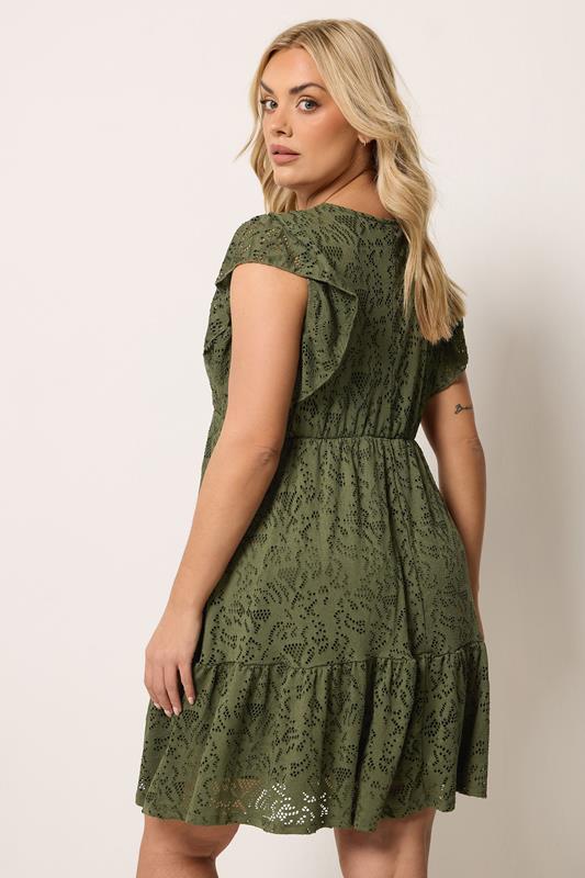 YOURS Plus Size Khaki Green Wrap Pointelle Dress | Yours Clothing 2