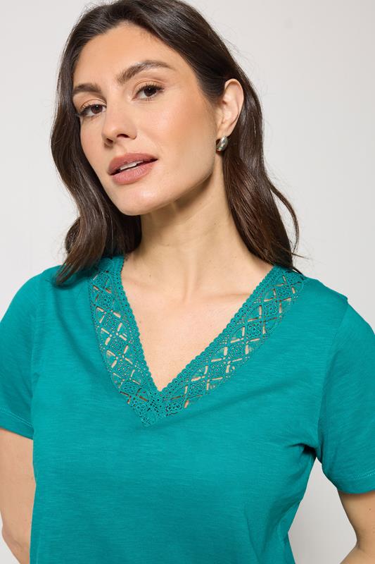 M&Co Teal Blue Lace Trim V-Neck Cotton T-Shirt | M&Co 4